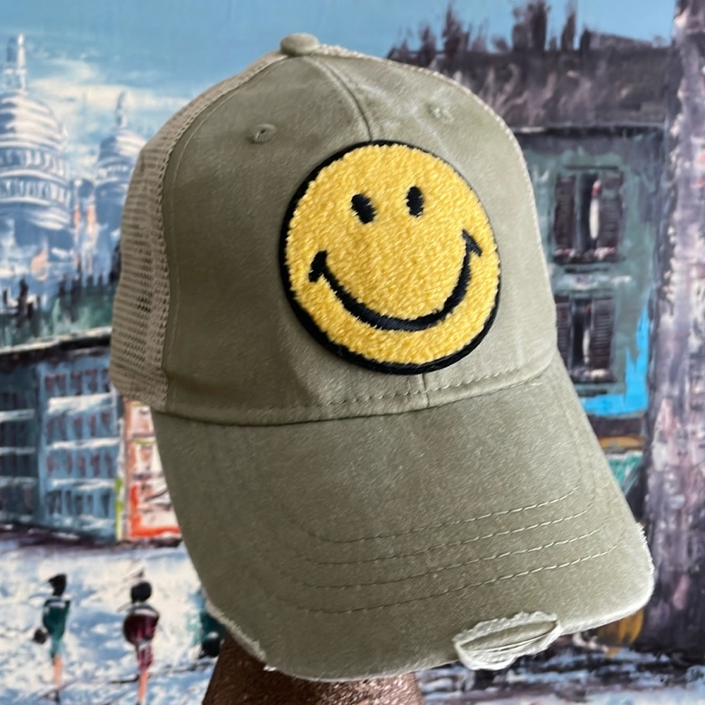 Adam’s NEW Smiley Face Motif Sage Green Distressed Adjustable Cap Unisex